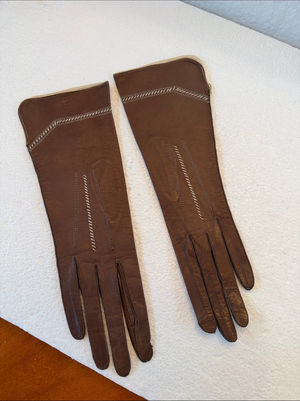 Vintage Women's Brown Leather Long Gloves with Decorative Stitching small